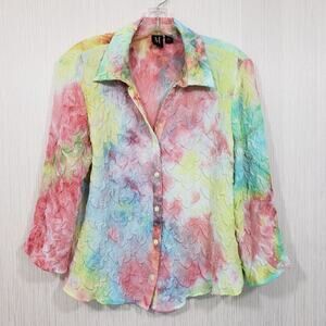 Milano crinkle textured pastel tie dyed button up 3/4 sleeve blouse woman's sz M